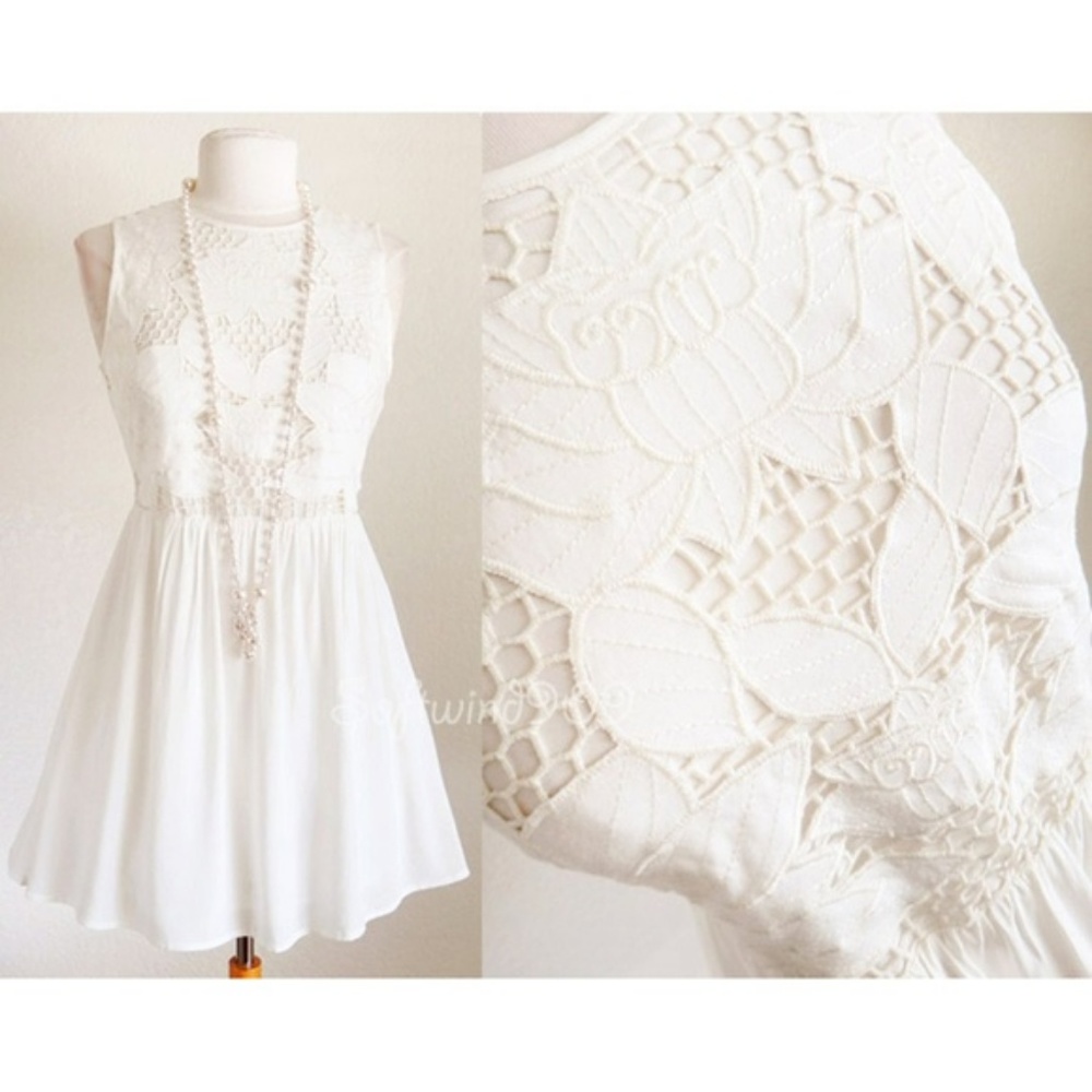 Ivory Cream Lotus Floral Embroidery Babydoll Dress - Picture 3 of 8